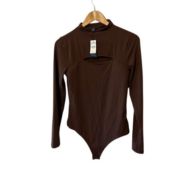 Express Body Contour Cozy Mock Neck Brown Cutout thong Bodysuit Size Medium NWT - Picture 1 of 6